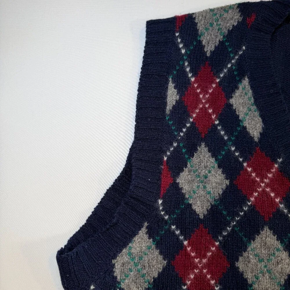 Vintage 80s PARFOUR Navy Blue Argyle Wool Indie Sweater Vest Large